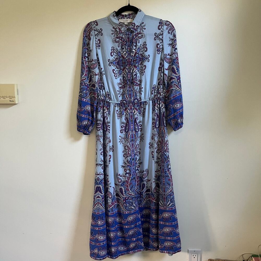 LOFT Midi Shirtdress Light Blue Paisley Long Sleeve Button Front Boho Size S